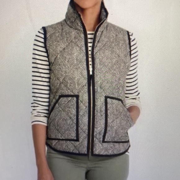 J Crew dark green/tan herringbone quilted vest w/black trim Sz S - Picture 1 of 14